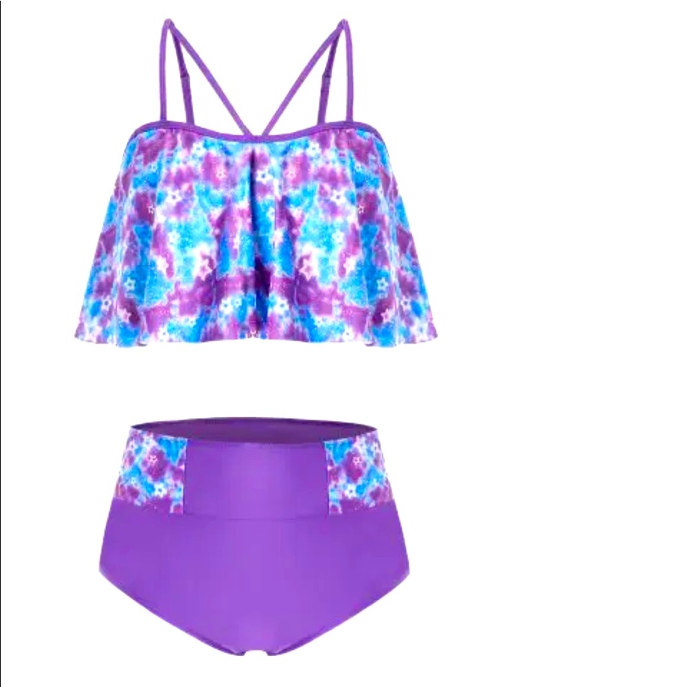 Rose gal galaxy print purple tankini